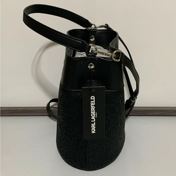Karl Lagerfeld Paris™ Black Lace Embossed Maybelle Adele Bucket Bag-NWT